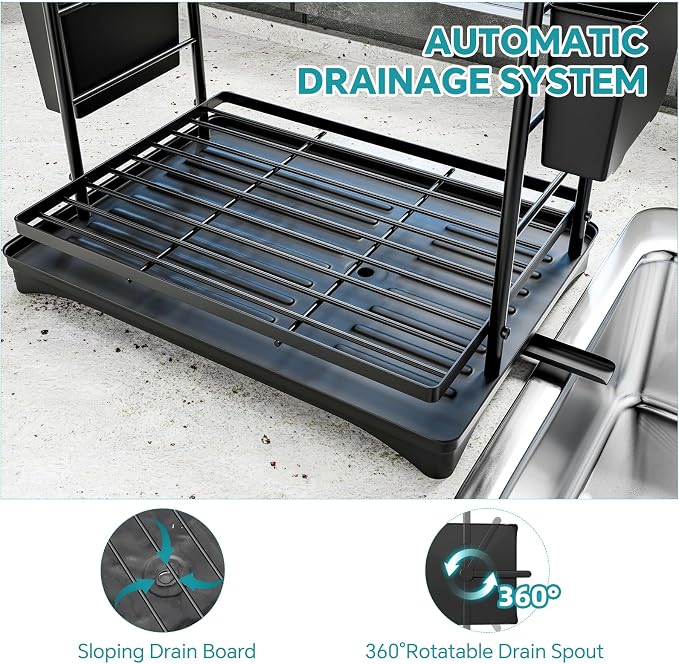 Simple Trending Dish Rack, Dish Drying Rack 2 Tier, Stainless Steel Dish Drainers with Utensil Holder and Drainboard for Kitchen Sink Organizers, 12" w x 16.6" L, Black
