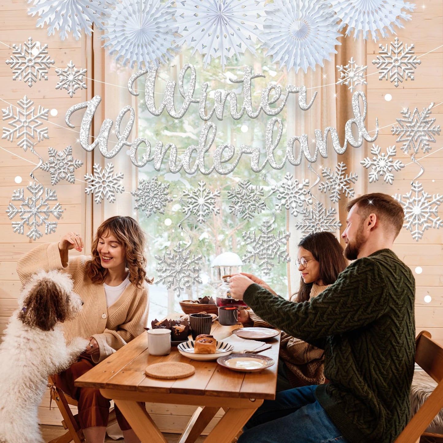 Winter Wonderland Decorations, Silver Winter Wonderland Christmas Decorations Includes Glitter Banner and Snowflake Hanging Swirl, Snowflakes Ornaments Banner for Indoor Office Decorations