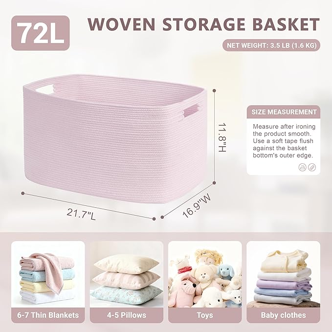72L Large Baby Girls Laundry Basket for Nursery Storage,Cute Woven cotton Rope Baskets for Kids Toy,Gifts, Boho Square Wicker Blanket hamper for Living Room,Bedroom Dirty Clothes,Pink