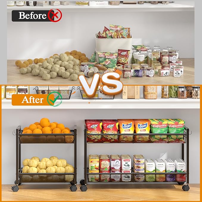 3IngSeagulls 2-Tier Expandable Rolling Pantry Floor Organizer, Stackable Pantry Storage Cart with Wheels, Kitchen Fruit and Vegetable Storage Rack for Onion, Potato, Food, Snacks