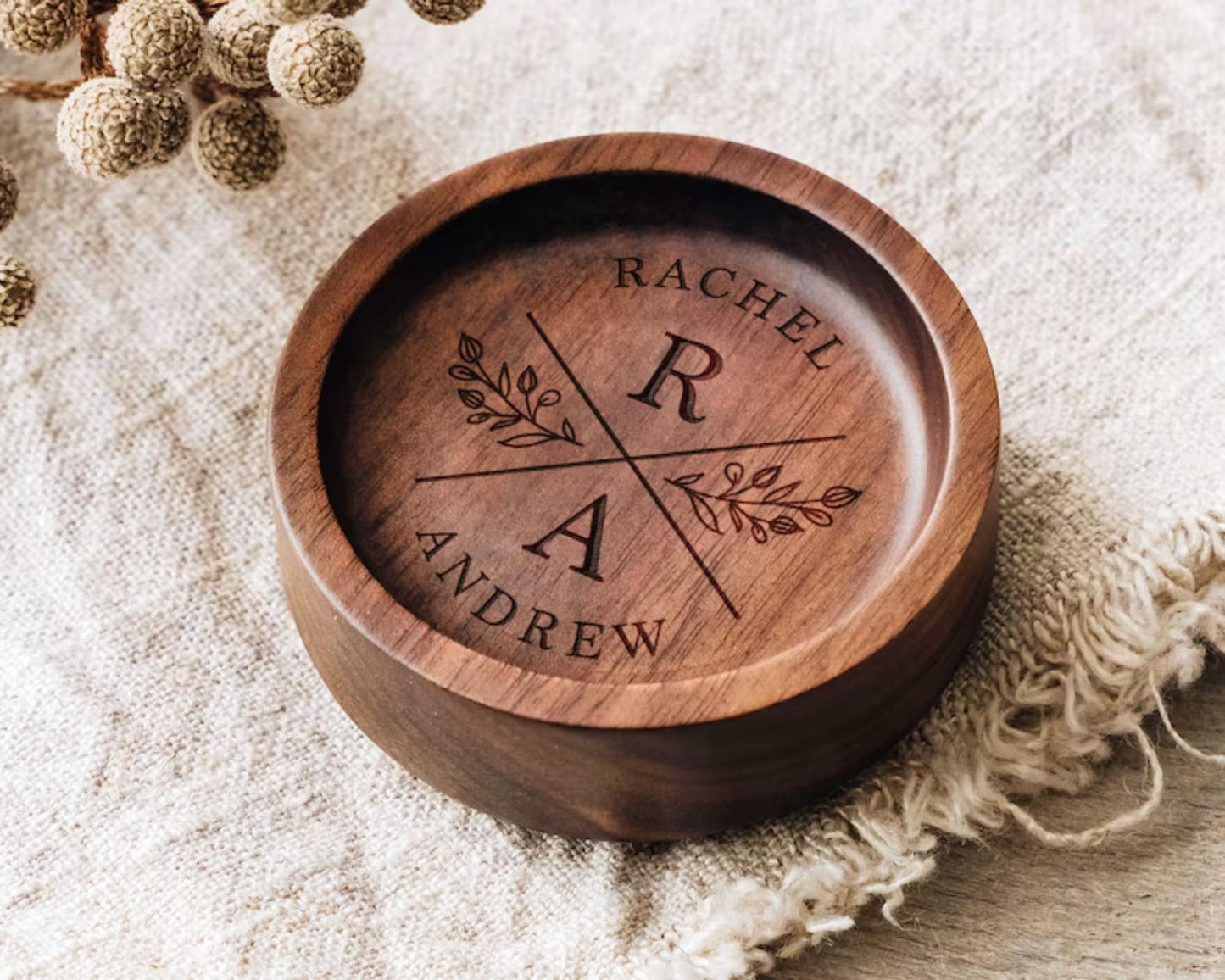 DoneOne Custom Round Wood Ring Dish, Engagement & Wedding Ring Holder, Personalized for Newlyweds