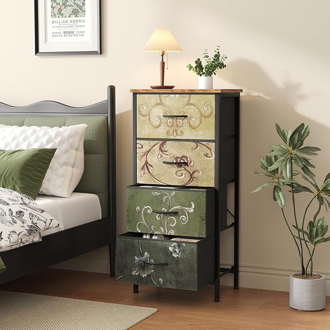 Sweetcrispy 4 Drawer Fabric Dresser Storage Tower Nightstand Chest | Small bedroom dresser and nightstand with sturdy frame,Perfect for closet,entryway,dorm,Easy assembly,Floral Painted