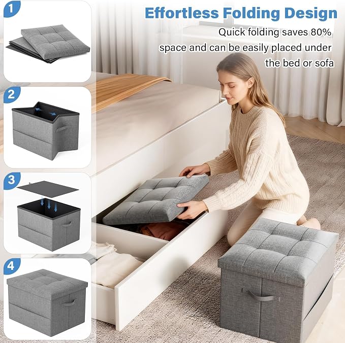 Dayacoco Storage Ottoman Foot Rest Stool, Foldable Foot Rest Stool with Thicker Foam Padded Seat, 43L Small Ottoman with Storage, Holds Up to 350lbs, 17x13x13in,Drak Gray