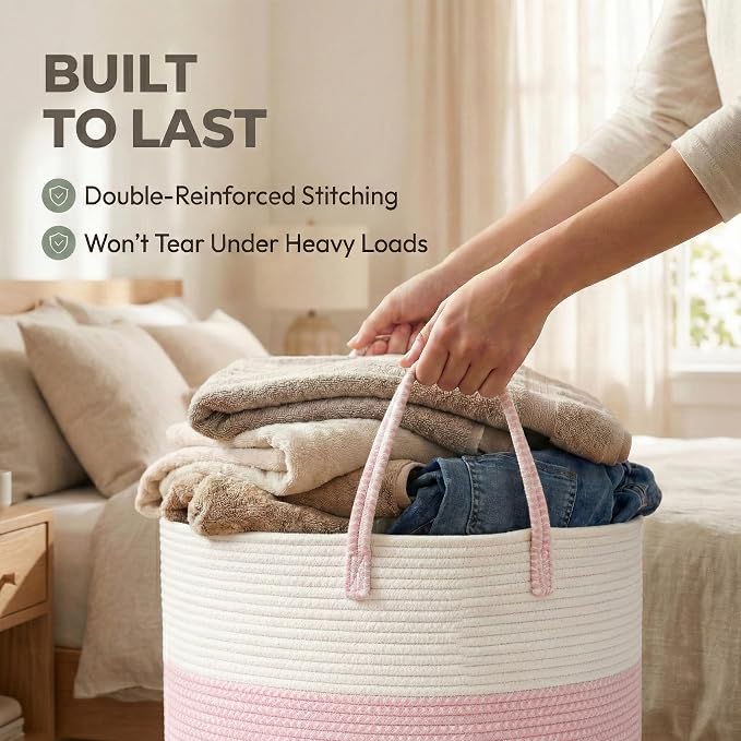 JMvicyroam 65L Extra Large Blanket Basket for Living Room - Woven Cotton Rope Laundry Hamper with Reinforced Handles - Storage Bin for Pillows, Comforters & Toys - Machine Washable,White&Pink