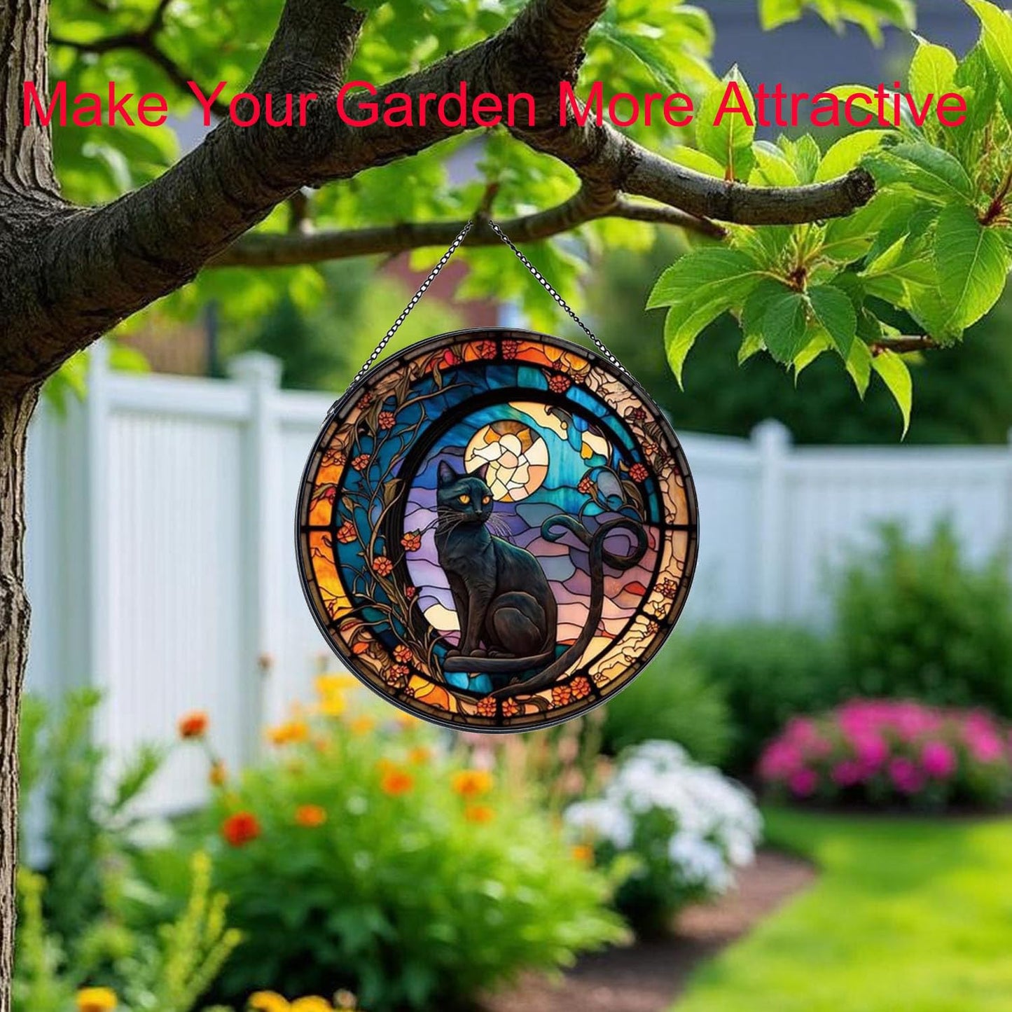 JZZNNFEZN Black Cat Stained Glass Window Hanging,7.87’’ Stained Glass Suncatcher for Window for Cat Lovers,Hanging Ornaments Round Women Gifts for Family Friends, Housewarming Gift (A Style)