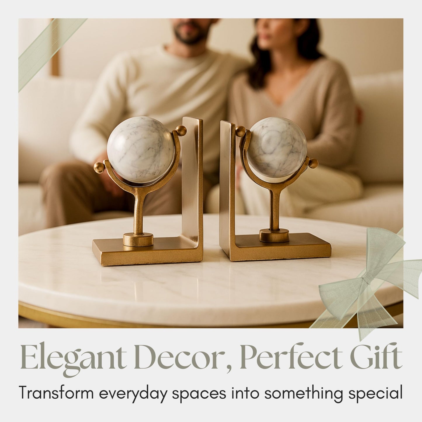 Set of 2 Marble Globe Bookends – Decorative Shelf Decor with Metal Structure and White Marble Base – Modern Home Decor Accent for Bookshelves Desks and Office Styling, 65", Gold & White