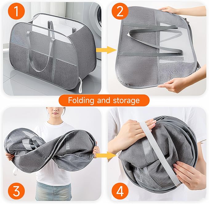 Foldable Laundry Basket with Mesh Window, Large Capacity 95L Dirty Clothes Hamper with Handles, Sturdy Steel Frame,Collapsible Laundry Hamper for Bedroom,Bathroom,Home,Dorm (Beige)
