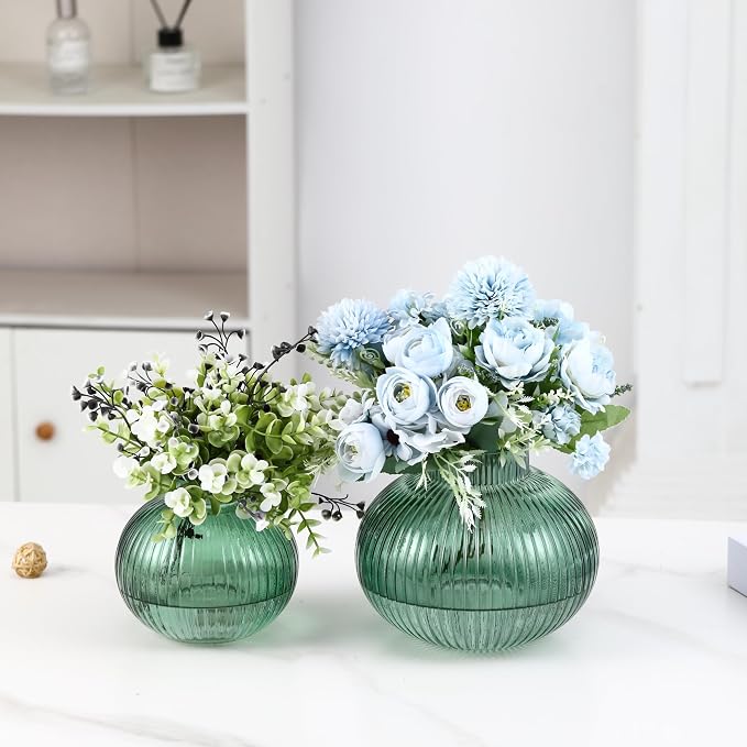 Green Glass Vases for Tulips, Set of 2, Flower Vases for Bouquet, Ribbed Glass Vase for Flowers, Short Vase for Living Room, Office, Coffee Table, Shelf, Wedding