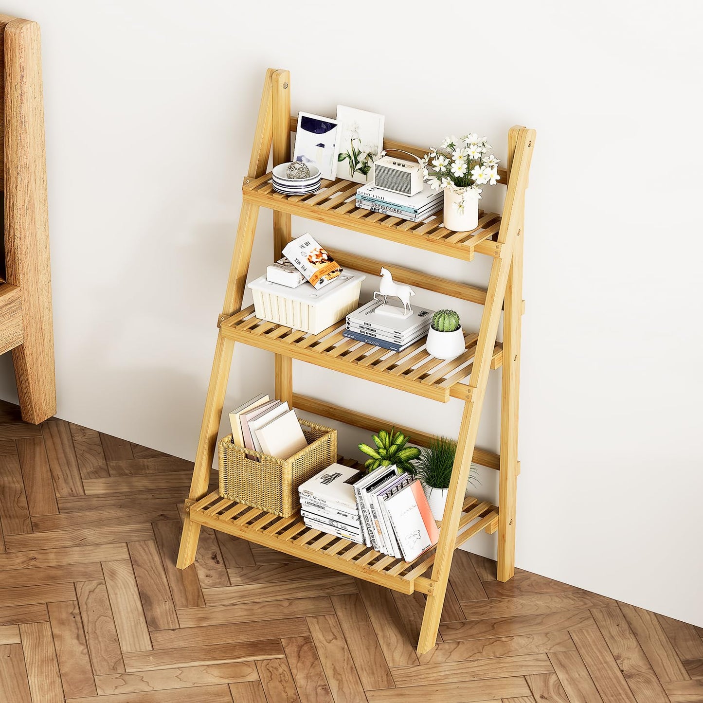 Foldable Ladder Shelf 39.4", Plant Shelf 3 Tier, Bamboo Ladder Flower Pot Display Shelf, Freestanding Ladder Bookshelf for Living Room, Balcony, Yard, Garden, 23.6"W x 15"D x 39.4"H, Natural