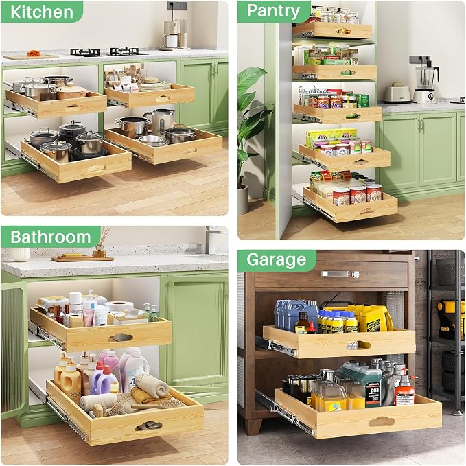 Pull Out Cabinet Organizer, Soft Close Wooden Slide Out Drawers for Pots and Pans, Full-extension Roll Out Shelves for Kitchen Cabinets, Pantry Organization, Bottom & Side Mount(17"W X 21"D x 3.4''H)