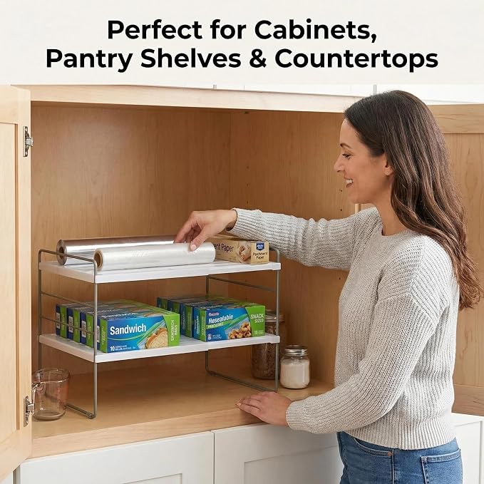 YAN & HIN 2 Pack Expandable Cabinet Organizer Shelf, 3-Tier Kitchen Cabinet Organizer for Tupperware & Food Container Storage, Adjustable Pantry Shelf Organizer for Bottles, Lids & Countertop