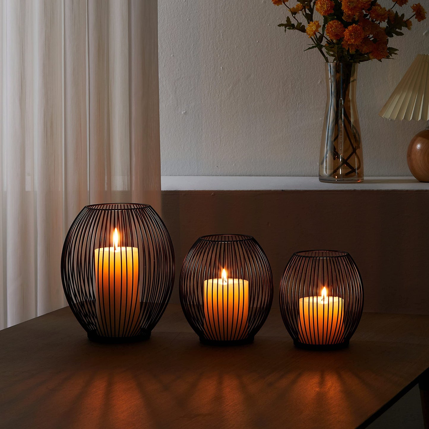 OLEEK Outdoor Candle Holder Decor Set - Black Candle Holder - Candles Holders for Table Centerpiece - Hurricane Candles Holder for Pillar Candles Cage Candle Holders Black Wire Decorative