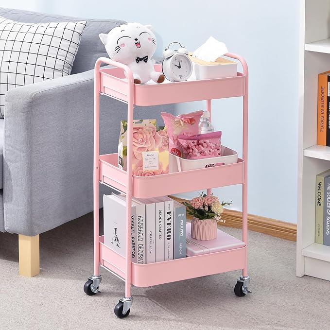 TOOLF 3-Tier Rolling Cart - Metal Utility Storage Organizer with Lockable Wheels, 33 lbs Per Shelf, Tool-Free 5-Min Assembly, for Kitchen Bathroom Office Nursery Craft Room, Pink