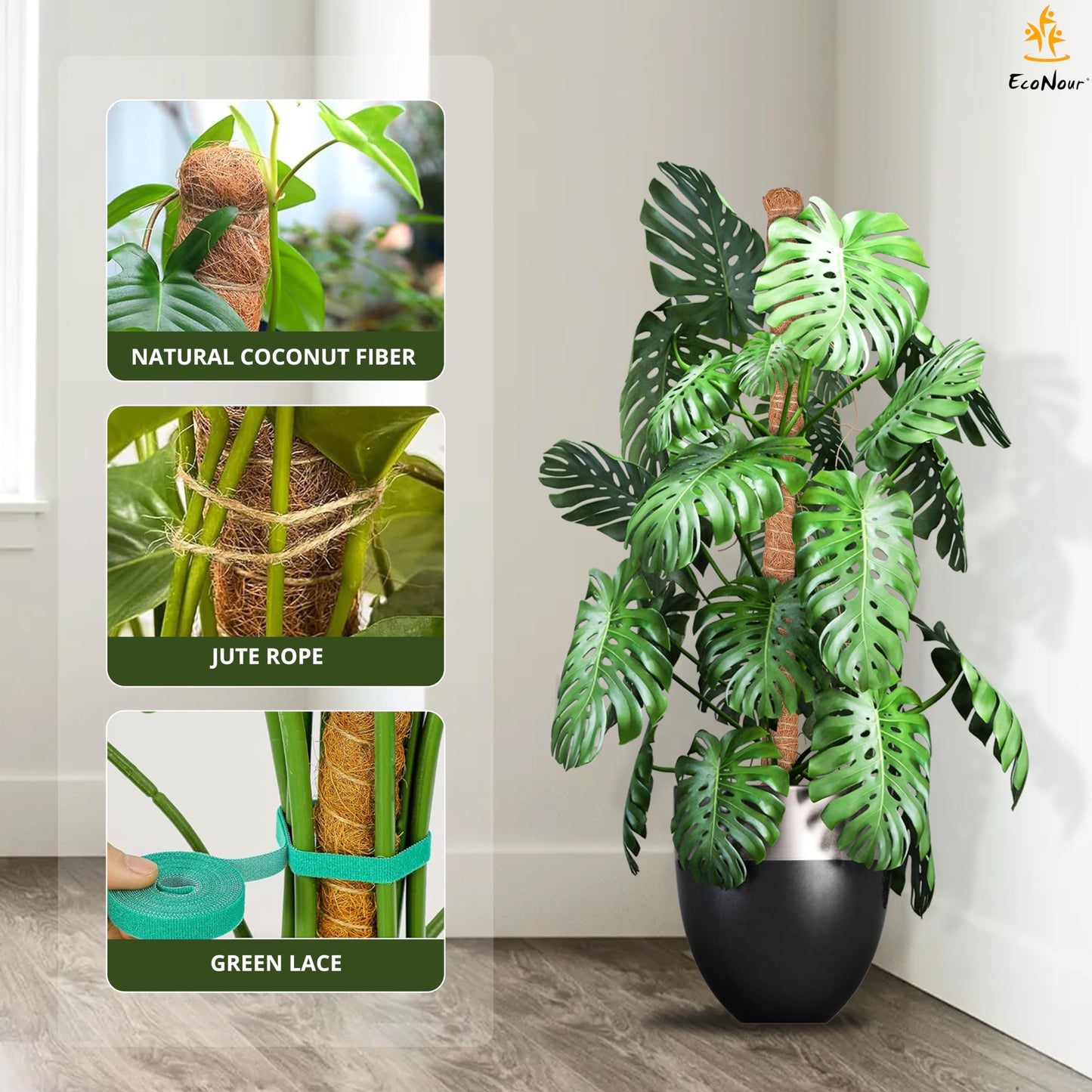 EcoNour Tall Moss Pole for Plants (2-Pack) 63-Inch | Large Monstera Plant Support for Climbing and Growth | Elevate Your Indoor Garden | Tall Plant Support for Indoor Potted Plants to Grow Upwards