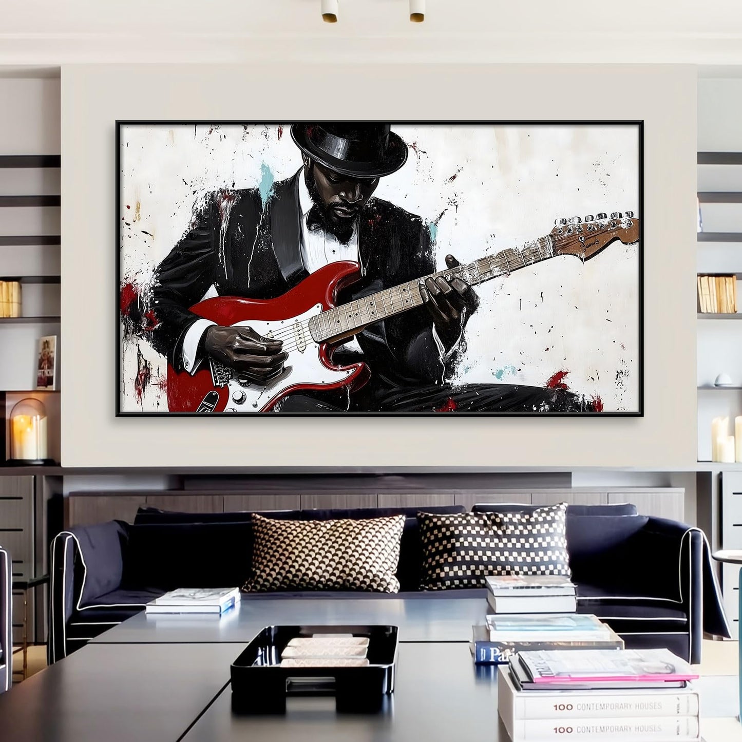 Abstract Jazz Music Canvas Wall Art, Black Musician Canvas Print, Guitar Player Wall Art, Red and Black Picture, Red Guitar Poster, Modern Artwork for Living Room (Gold Framed, 23"x13" | 60x35cm)