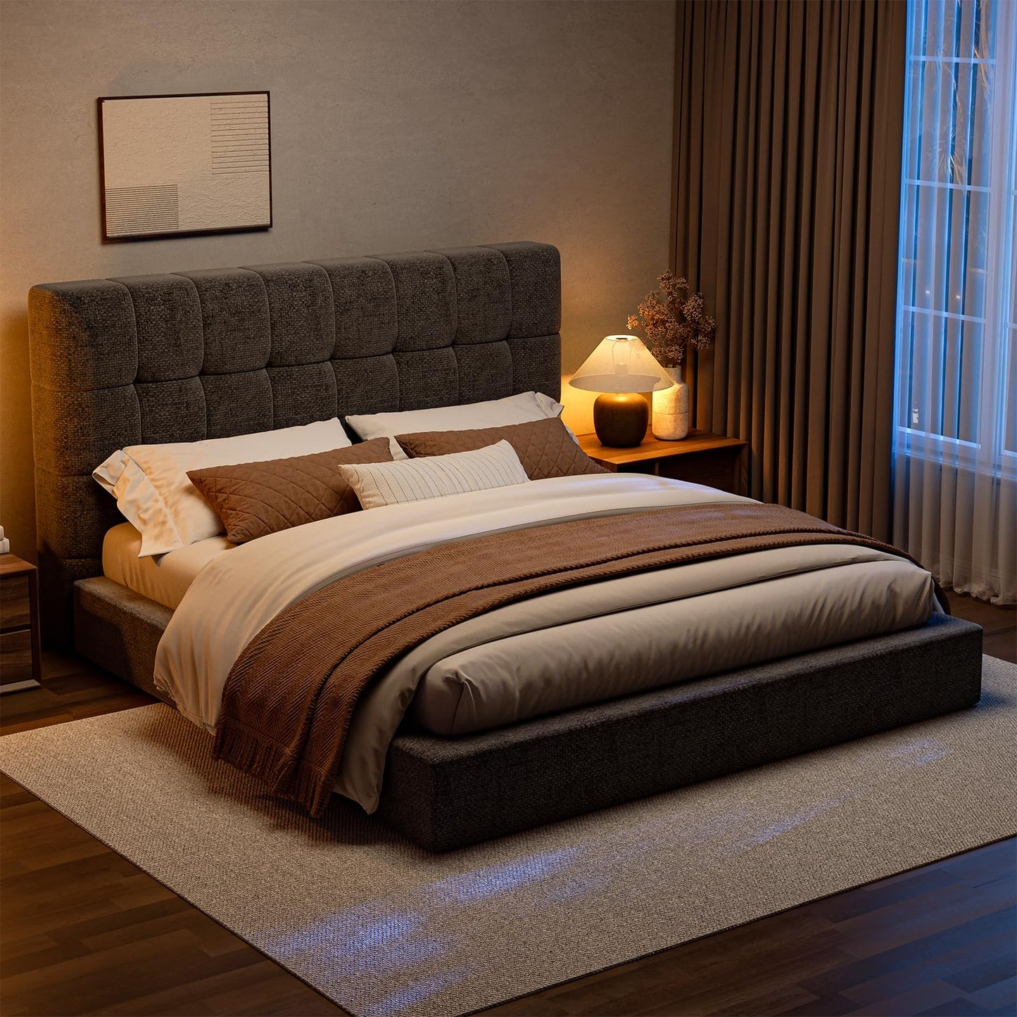 Queen Bed Frame with Headboard, Heavy Duty Upholstered Cloud Platform Bed with 2 Center Support Beams & Crossbar, 5.9" Thickened Foam for Safety, No Box Spring Needed, Easy Click‑In Assembly, Grey