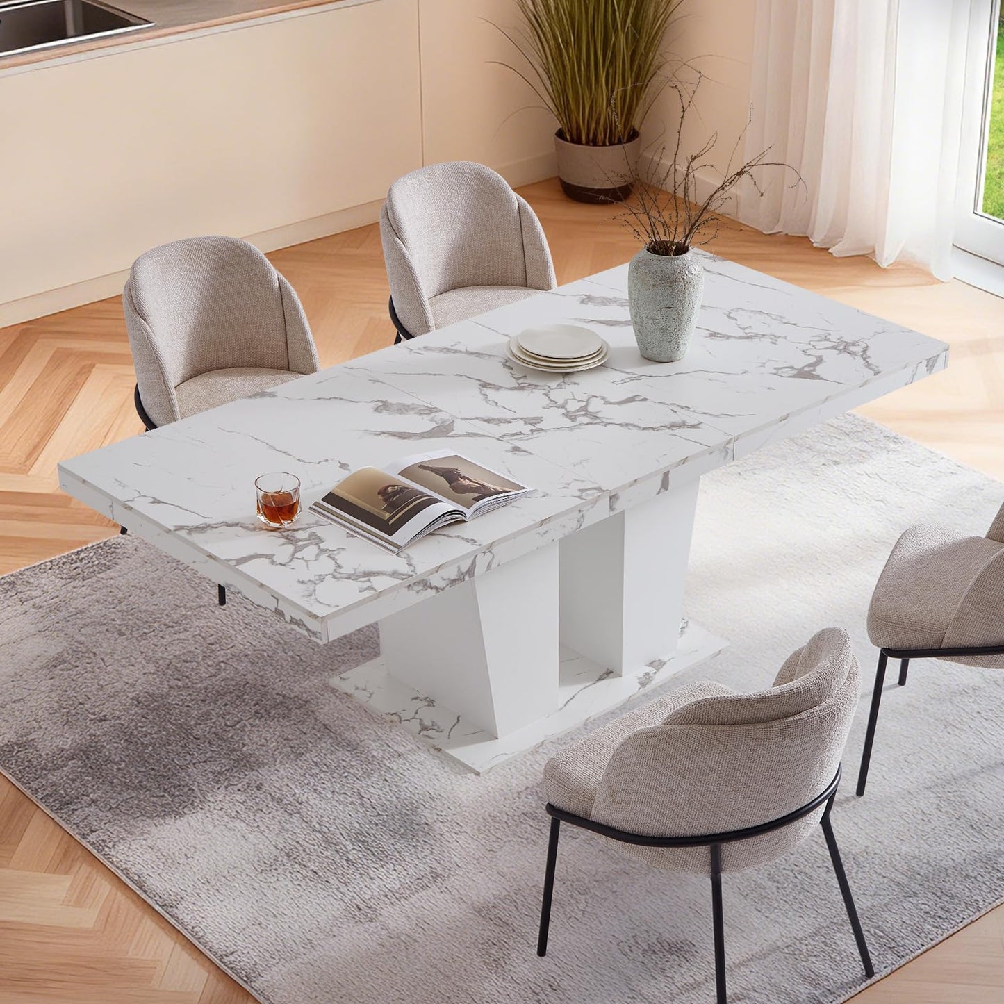 Senfarime Dining Table Extendable 63 in-79 in for 4-8 Expandable Wood Rectangle with Fluted Base for Dining Room Kitchen Living Room Furniture Marble White