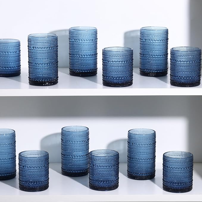 Moretoes Hobnail Drinking Glasses, 12 Piece Blue Water Glass Cups, Mixed Vintage Glassware Set, 6pcs 12oz Highballs and 6pcs 10oz Old Fashioned Glasses, Great for Cocktail, Whisky and Other Beverages
