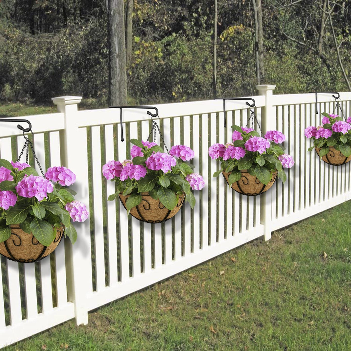 Vinazone Vinyl Fence Hooks for Hanging, Heavy Duty Patio Hangers, Outdoor Fence Hangers for Hanging Flower Baskets, Wind Chimes, Planters, Bird Feeders, Lights, Lanterns - 6 Pack - Black Color