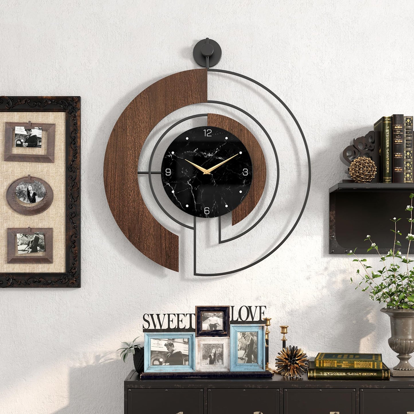 VIVIFLYSE Modern Walnut Marble Dial Wall Clock, Large Wood Metal Frame Silent Non Ticking Wall Clocks for Living Room, Bedroom Decoration, Contemporary Home Wall Decor Gift Idea, 22 in