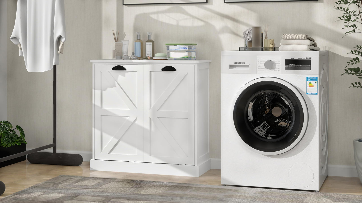 agnixnaf White Sorter Cabinet, Two-Compartment, Tilt-Out Laundry, Easy to Maintain, Storage Organizer for Living Room, Bedroom