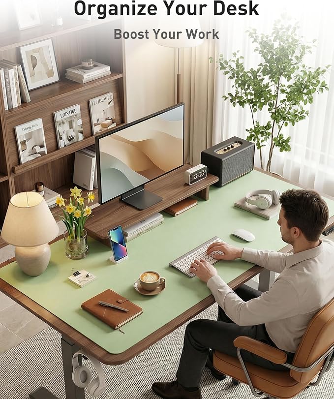 Aothia Faux Leather Desk Mat - Large Mouse Pad, Non-Slip PU Leather Blotter, Waterproof Writing Surface for Office and Home (Foam Green, 42" x 17")