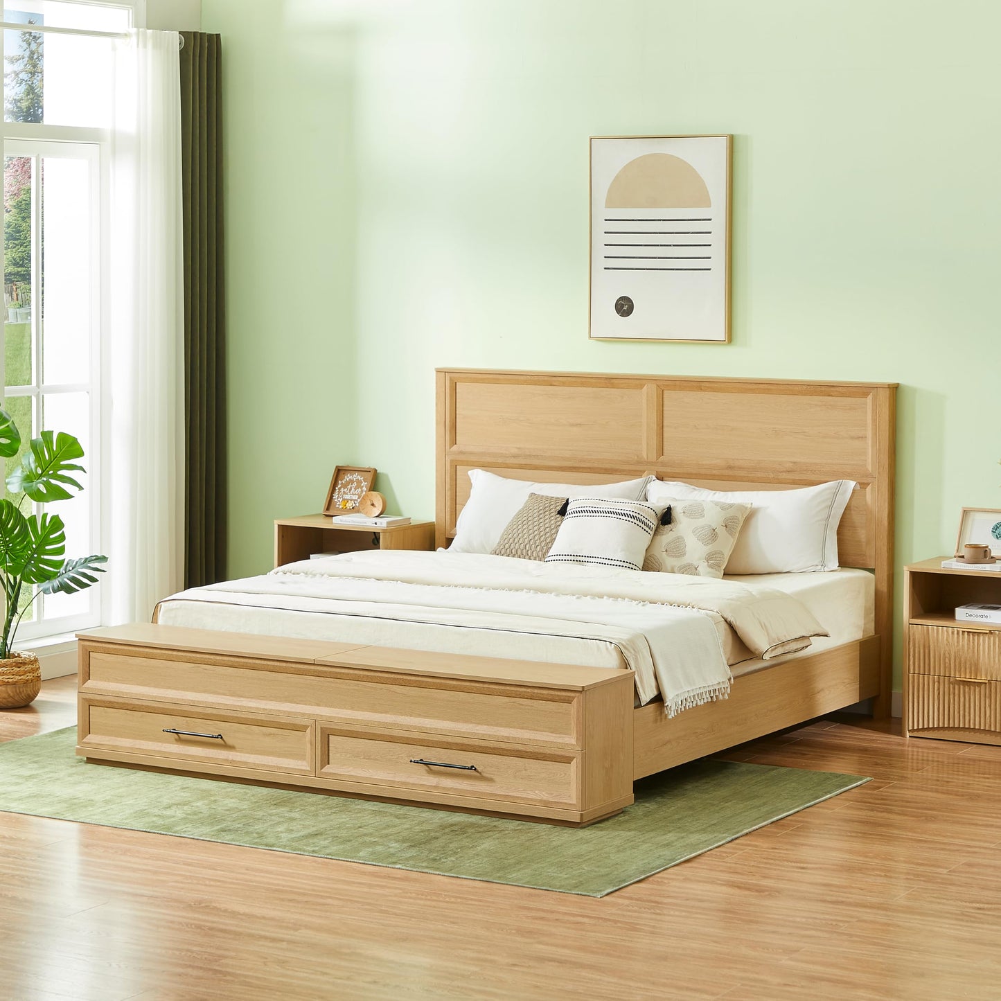 KEIKI King Bed Frame with Headboard & Storage Bench, Boho Solid Wood Platform Panel Bed with 4 Drawers, Natural Oak Bedroom Furniture Bed, Noise Free