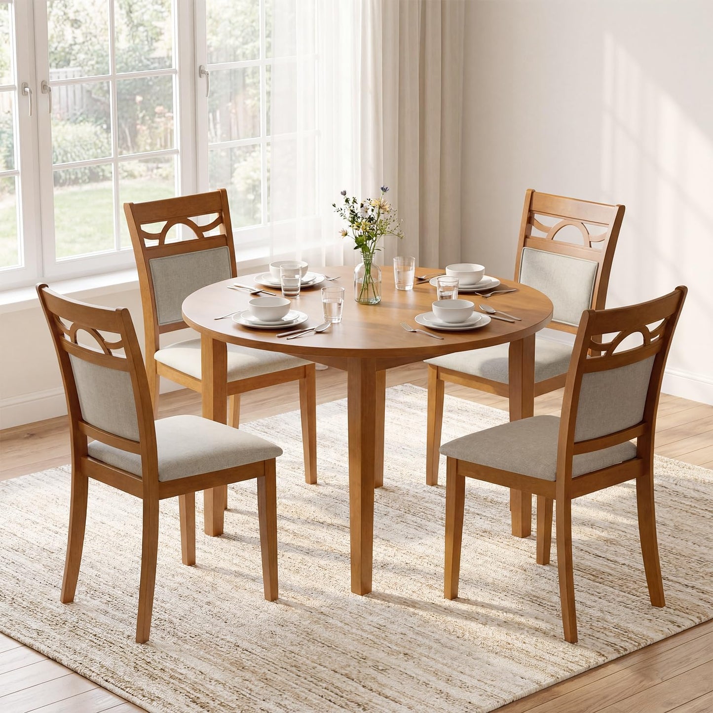 Giantex Wooden Dining Chairs Set of 4, Farmhouse Side Chairs w/Solid Rubber Wood Frames, Comfortable Backrests, Upholstered Fabric Kitchen Chairs, Perfect for Dining Room, Restaurant