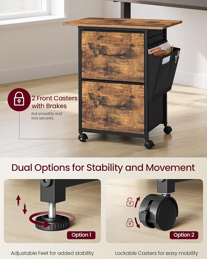 VASAGLE 2-Drawer File Cabinet, Mobile Printer Stand with Storage, Filing Cabinet for A4 Letter Size, Side Pockets, 23.6 x 15.7 x 26.8 Inch, Rustic Brown, Bellah Collection UOFC202KD01
