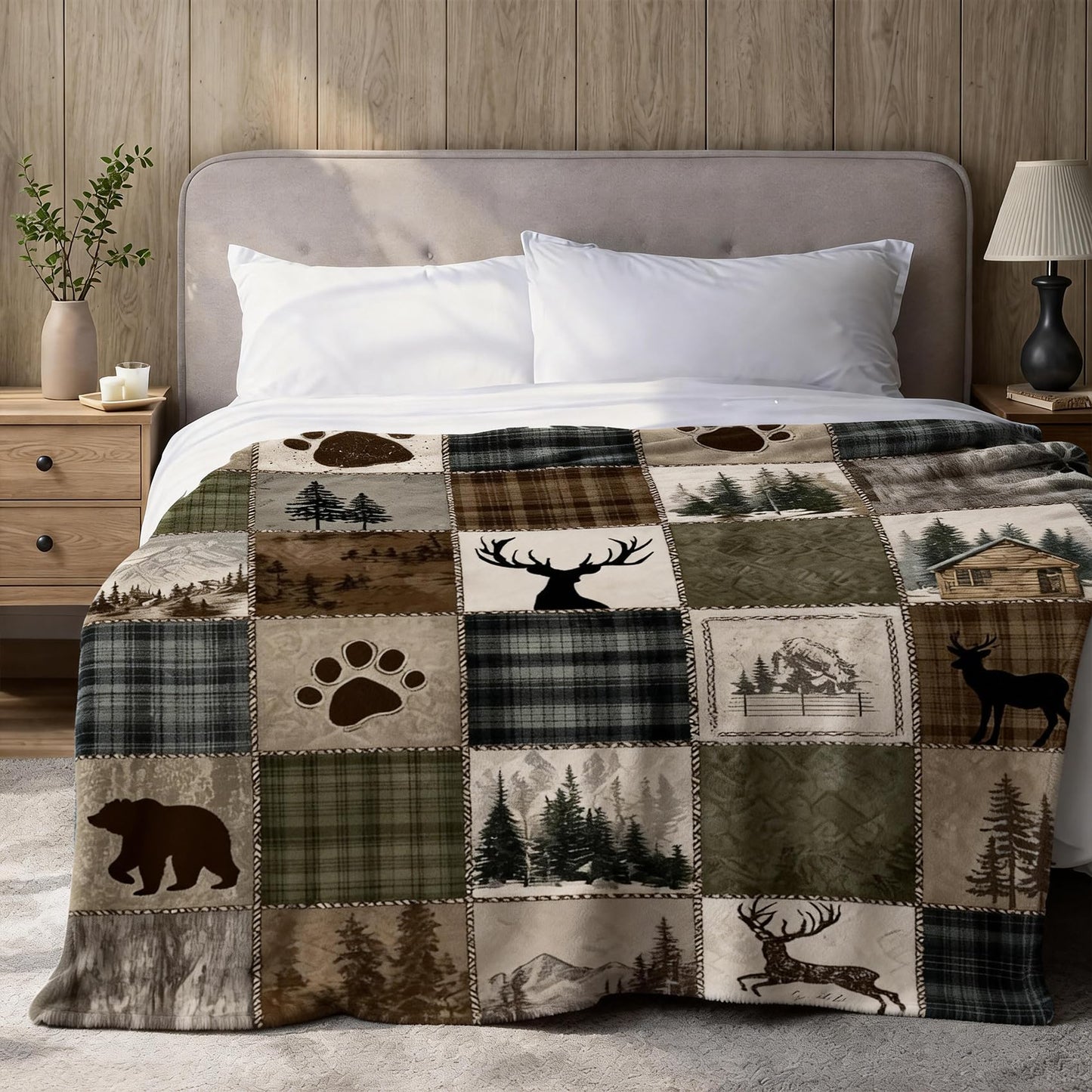 DEMCEAR Rustic Cabin Throw Blanket Wildlife Hunting Bear and Deer Brown Green Plaid Patchwork Lodge Blankets Soft Cozy Flannel Fleece for Living Room Bedroom Couch Sofa Bed Camping, 50x60 Inch