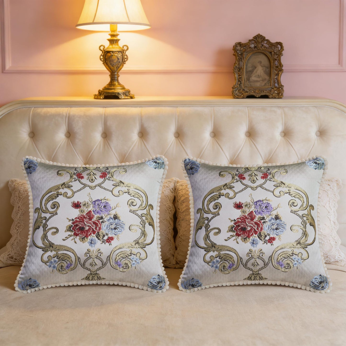SZHELEJIAM Pillow Cover Set of 2, Jacquard Vintage Embroidered Pillow Case, for Sofa Cushion Cover for Sofa, Bed, Living Room, Throw Pillow Covers 18x18 Beige