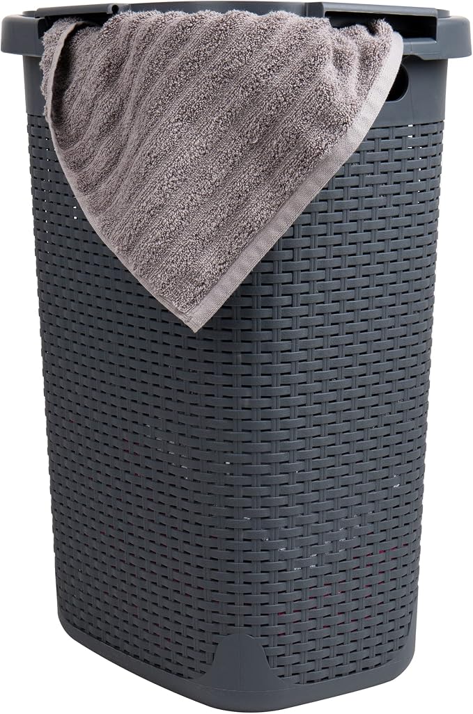 Mind Reader 60L Slim Laundry Hamper, Clothes Basket, Lid, Wicker Style, Plastic, 17.65"L x 13.75"W x 24.15"H, Set of 2, Gray