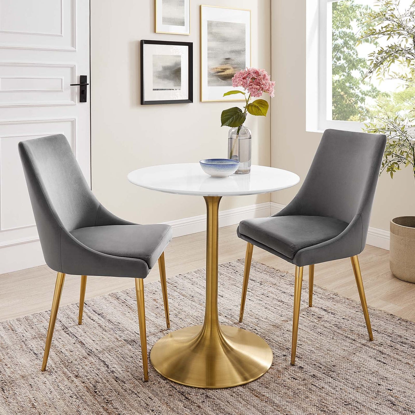 Modway Lippa 28" Mid-Century Modern Dining Table with Round Top in Gold White