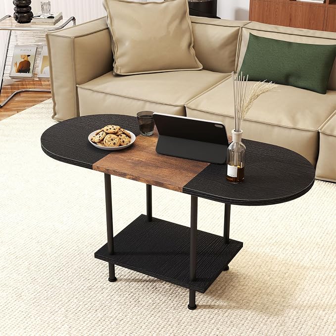 Coffee Tables, Modern Center Table with Storage Shelf, 2-Tier Table for Living Room, Modern Two-Tone Design (Mixed Black)