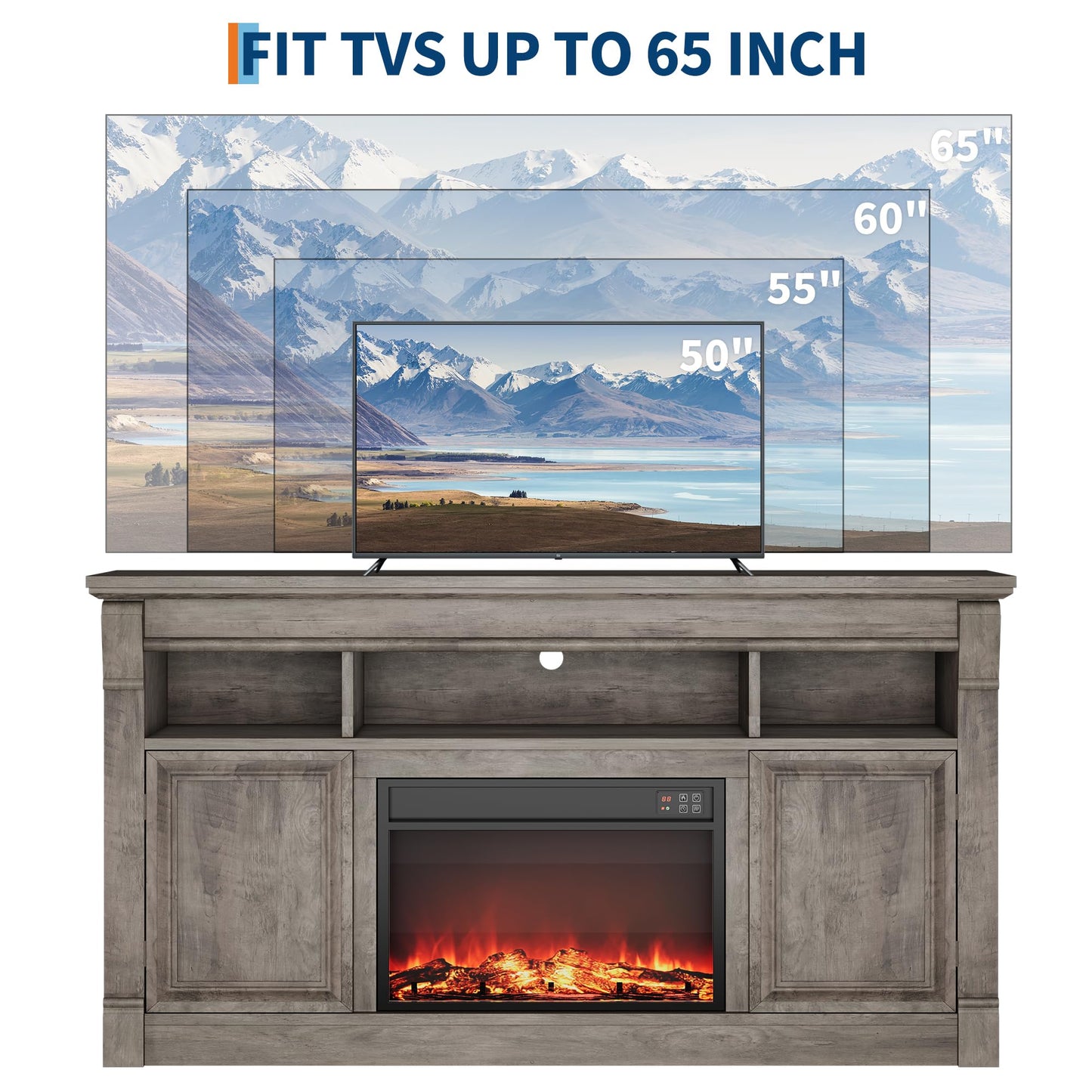 GarveeLife 58" Fireplace TV Stand for TVs Up to 65, Modern Farmhouse Entertainment Center with 30'' Electric Fireplace, Remote Control Realistic 3D Flame, Media Console with Storage Shelves, Gray