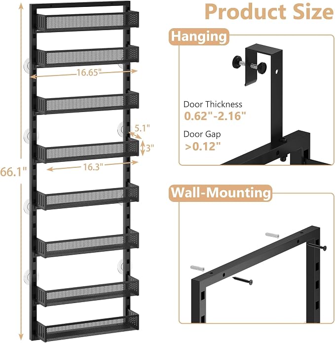 Over the Door Pantry Organizer, 8-Tier Over the Door Spice Rack with Adjustable Baskets, Wall-Mounted or Hanging Shelves for Kitchen, Laundry Room, Bathroom(Black, 16.3"W x 5.2"D x 72.6"H)