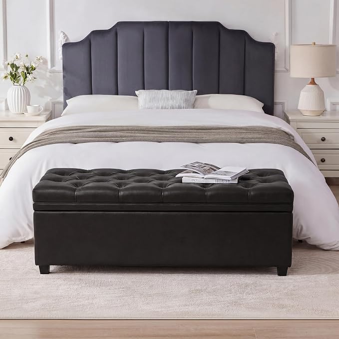 Mangodan 43" Storage Ottoman Bench, Tufted Ottoman with Storage for Living Room, Large End of Bed Ottomans, Modern Entryway Benchs, Window & Bedroom Benches for Foot of Bed (Faux Leather Black)