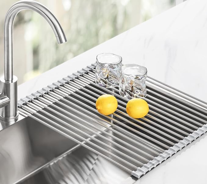 Tomorotec Stainless Steel Roll-Up Dish Drying Rack Marble Color Silicone Edges, Foldable Kitchen Rack Heat Resistant Trivet Supports up to 70 lbs, Food Safe for Dishes, Cookware & More