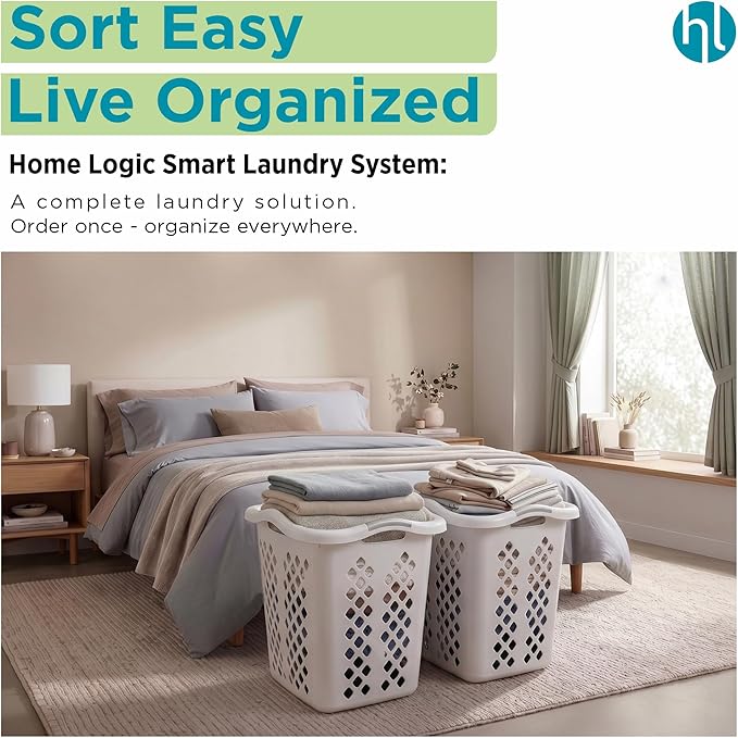 Home Logic 2 Bushel Plastic Laundry Basket Lamper, Large Laundry Hamper with Handles, Ventilated Clothes Organizer for Bedroom Bathroom Closet, 6 Pack, White