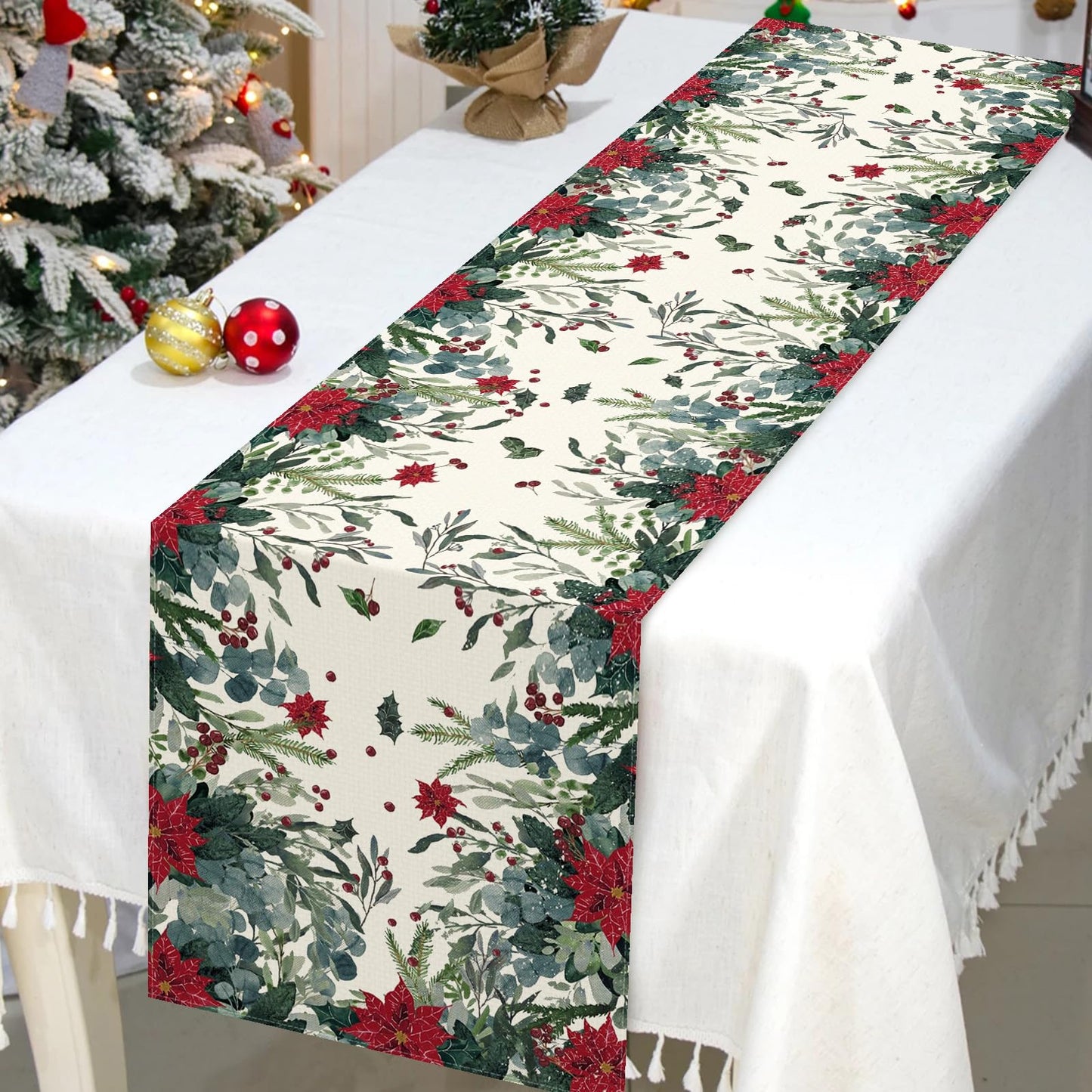 72 x 13 Inch Christmas Table Runner – Red Poinsettia and Greenery Holiday Table Decoration with Winter Berries for Dining Room, Kitchen, and Festive Christmas Parties