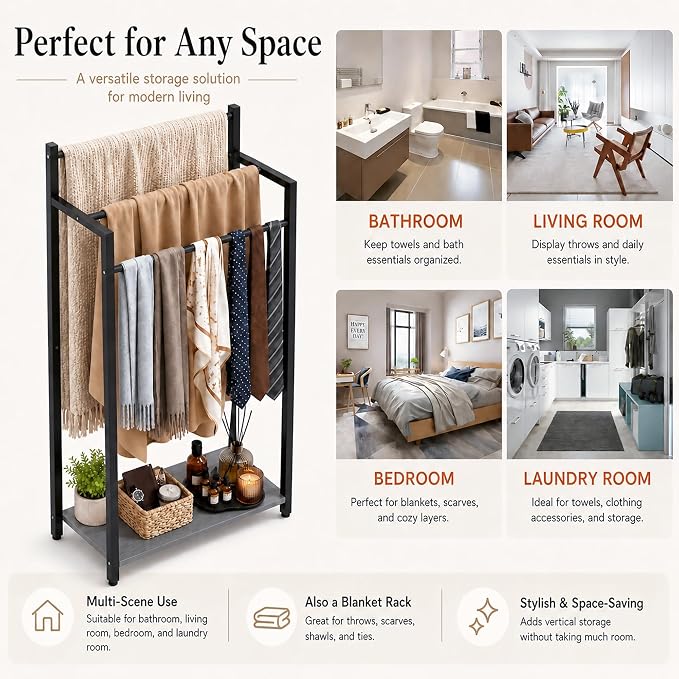 Freestanding Towel Rack, 3 Tier Blanket Ladder Stand with Oak Grey Wooden Shelf for Bathroom Living Room (31.5" H x 16.9" W x7.9 D)