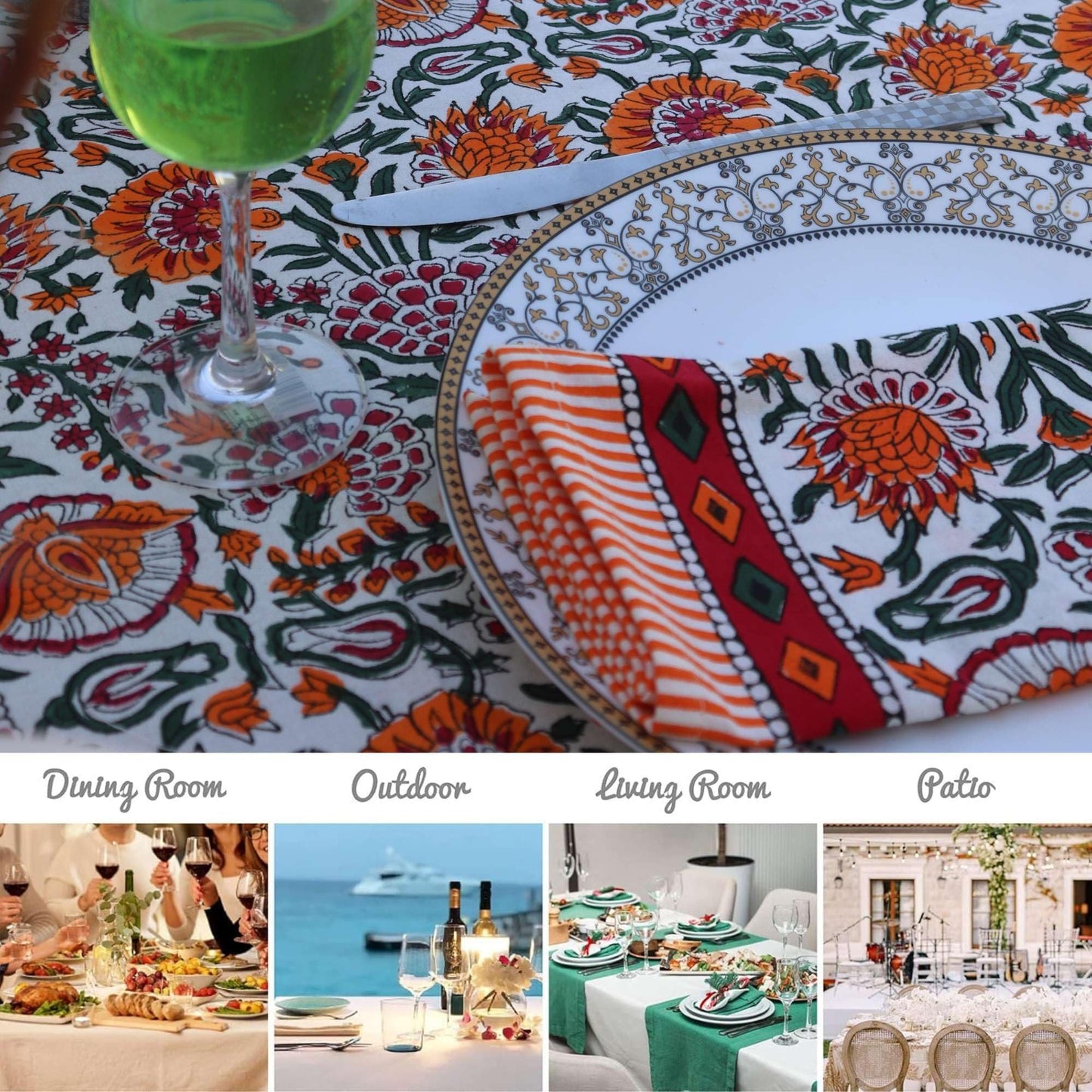 Handblock Print Cotton Tablecloth – 72x108 Rectangle Table Cover Seats 6–8 – Indian Block Printed Floral Dining Table Linen – Boho Washable Cloth for Kitchen, Party, Outdoor (Orange)