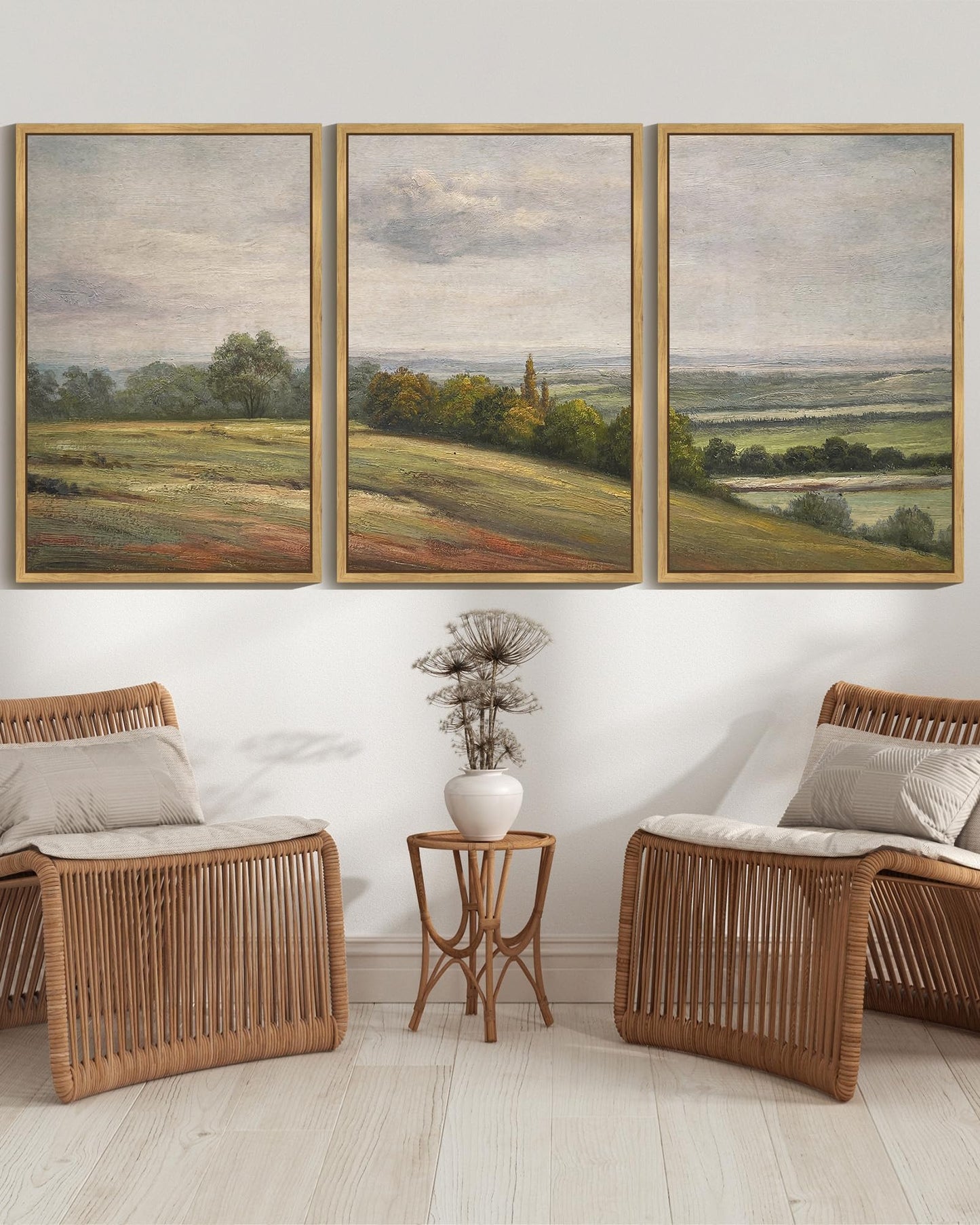 SHENIFY Extra Large Vintage Framed Wall Art White Clouds Over Vast Grassland Landscape Painting Retro Meadow Scenery Farmhouse Bedroom Above of Bed Living Room Deco - 24x36in3pcs Natural Framedr