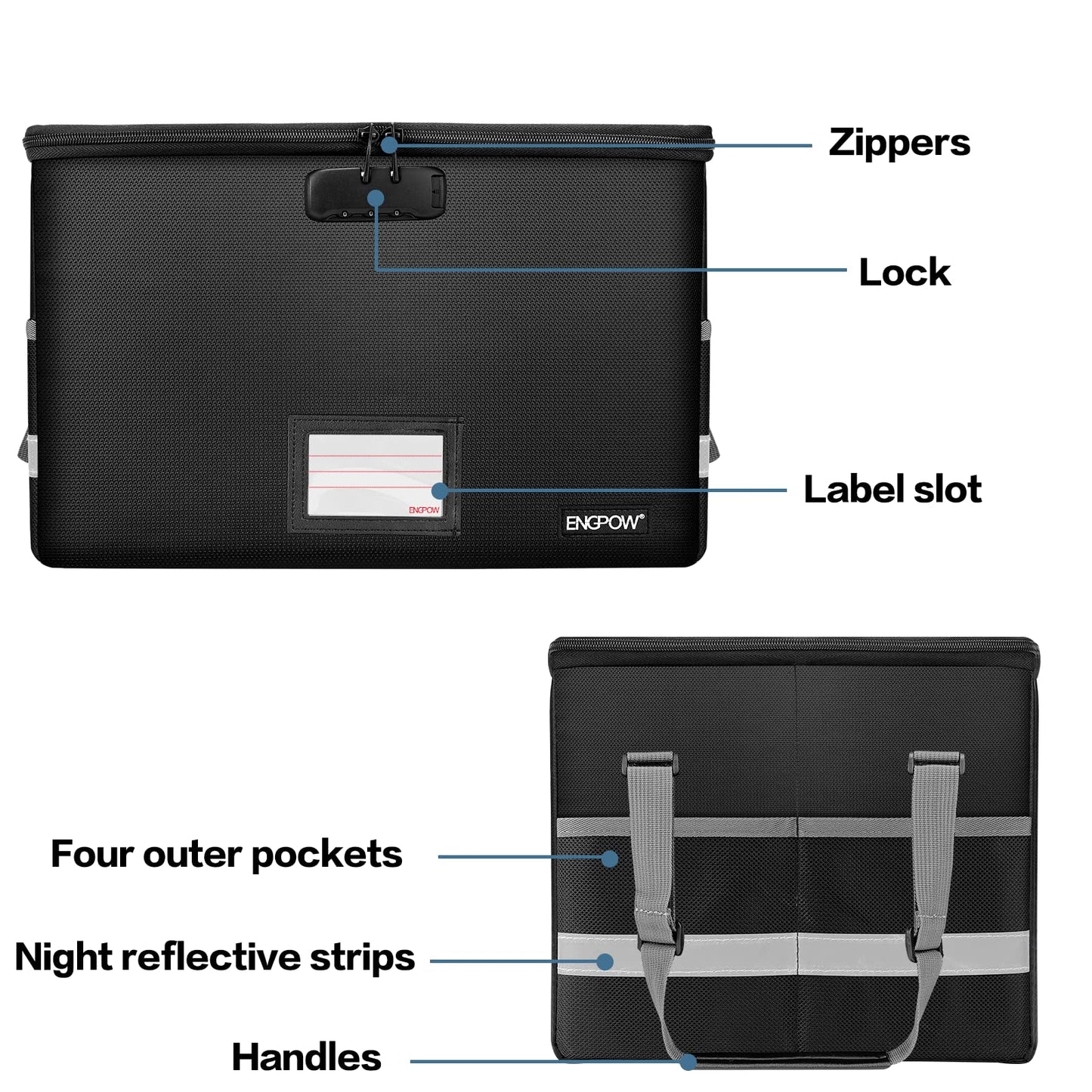 ENGPOW File Box with Lock,Fireproof Document Box with Zipper&Pockets,Collapsible File Organizer Filing Storage Cabinet with Handle,Portable Home Office Safe for Hanging Letter/Legal Folder,Black