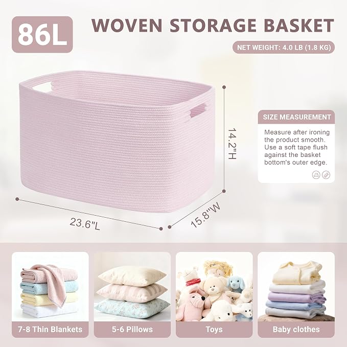 86L Large Baby Girls Laundry Basket for Nursery Storage,Cute Woven cotton Rope Baskets for Kids Toy,Gifts, Boho Square Wicker Blanket hamper for Living Room,Bedroom Dirty Clothes,Pink