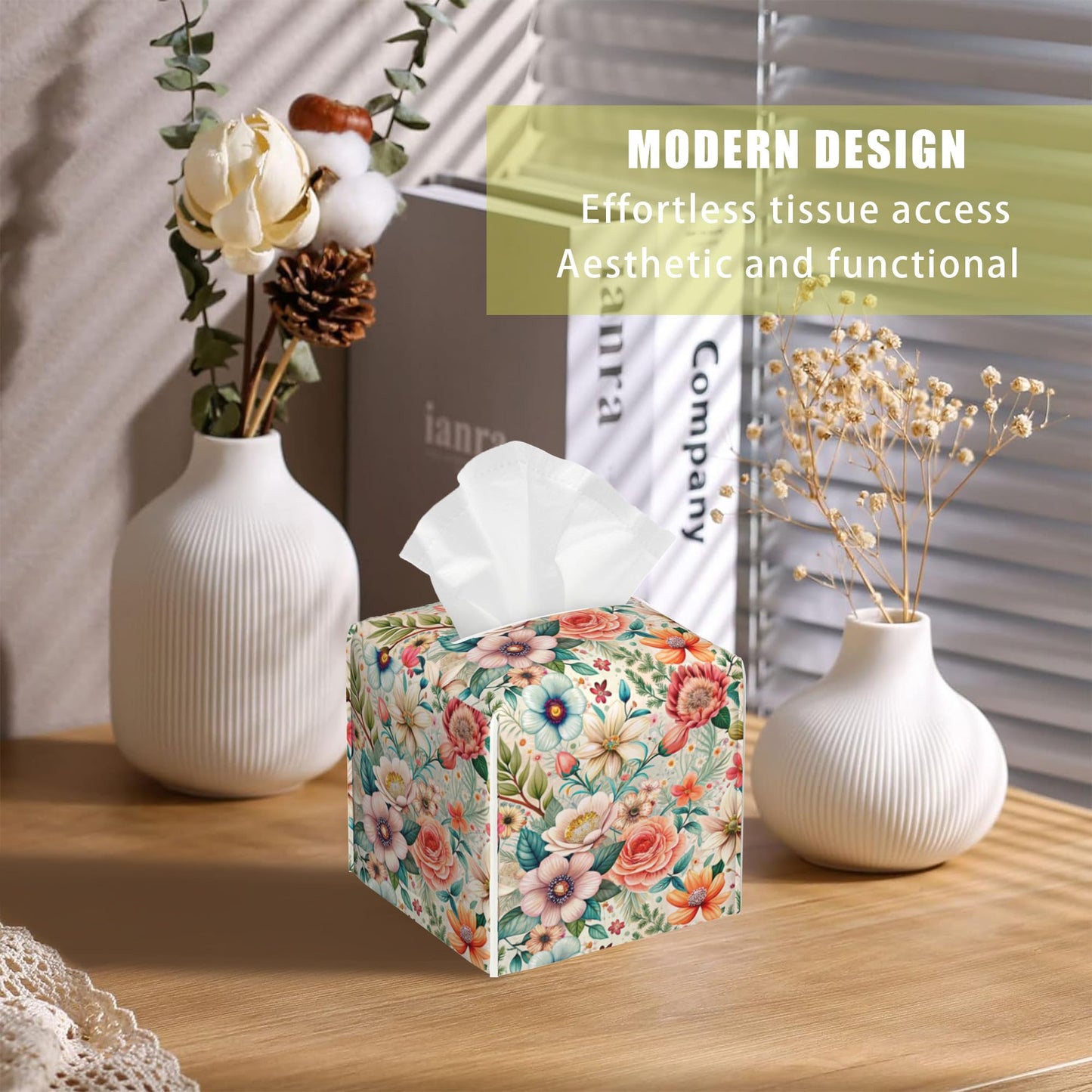 Leather Tissue Box Holder Colorful Floral Tissue Box Cover Facial Paper Case Organizer Cube Napkin Dispenser for Bathroom Vanity Countertop Night Stand Office Car