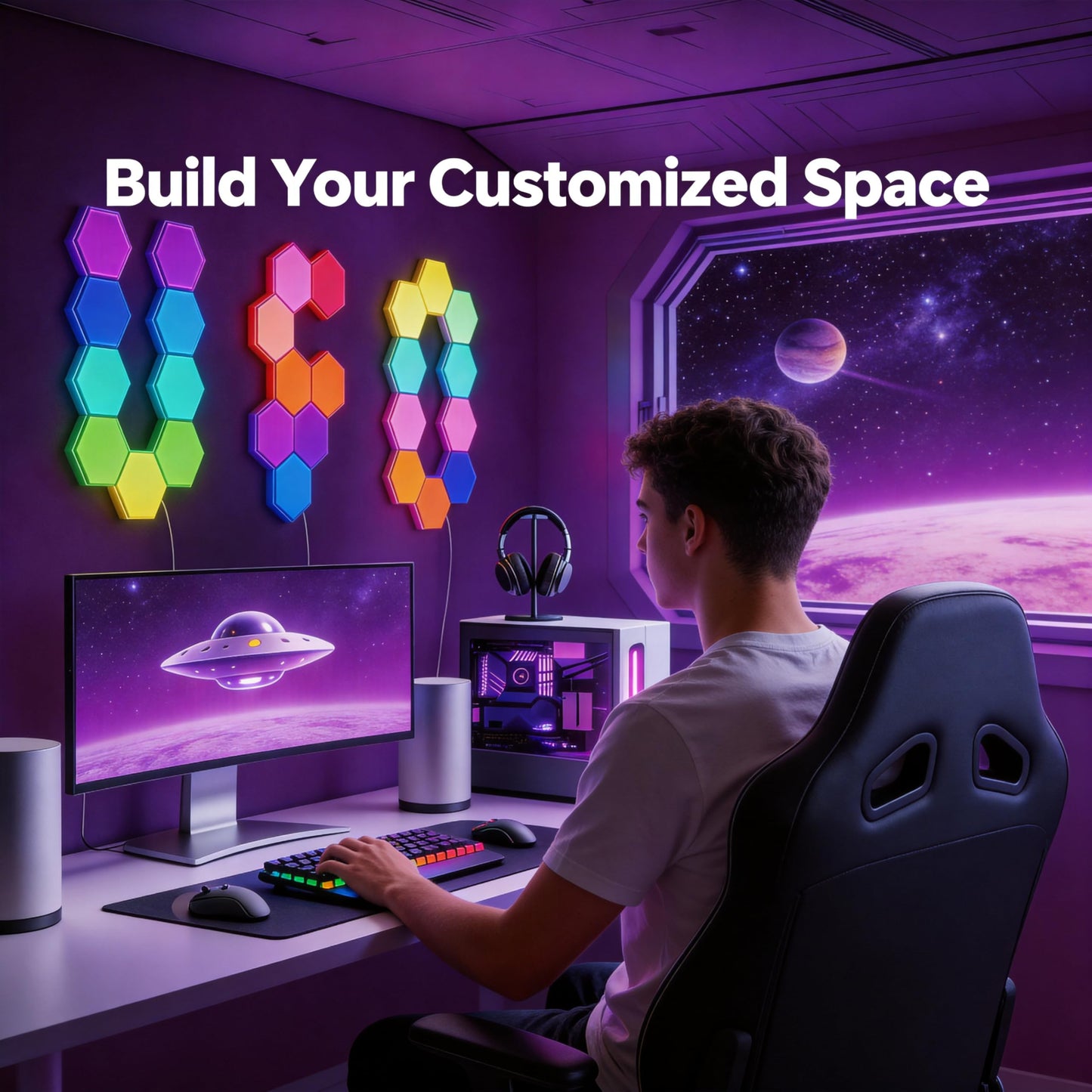 TISOFU Big Hexagon Lights LED Wall Panels, 8 Pack RGB Gaming Lights Works with Google Assistant & Alexa, APP/Music Sync & Remote, DIY Smart Modular Hexagonal Honeycomb Glide Hex Tiles Panel
