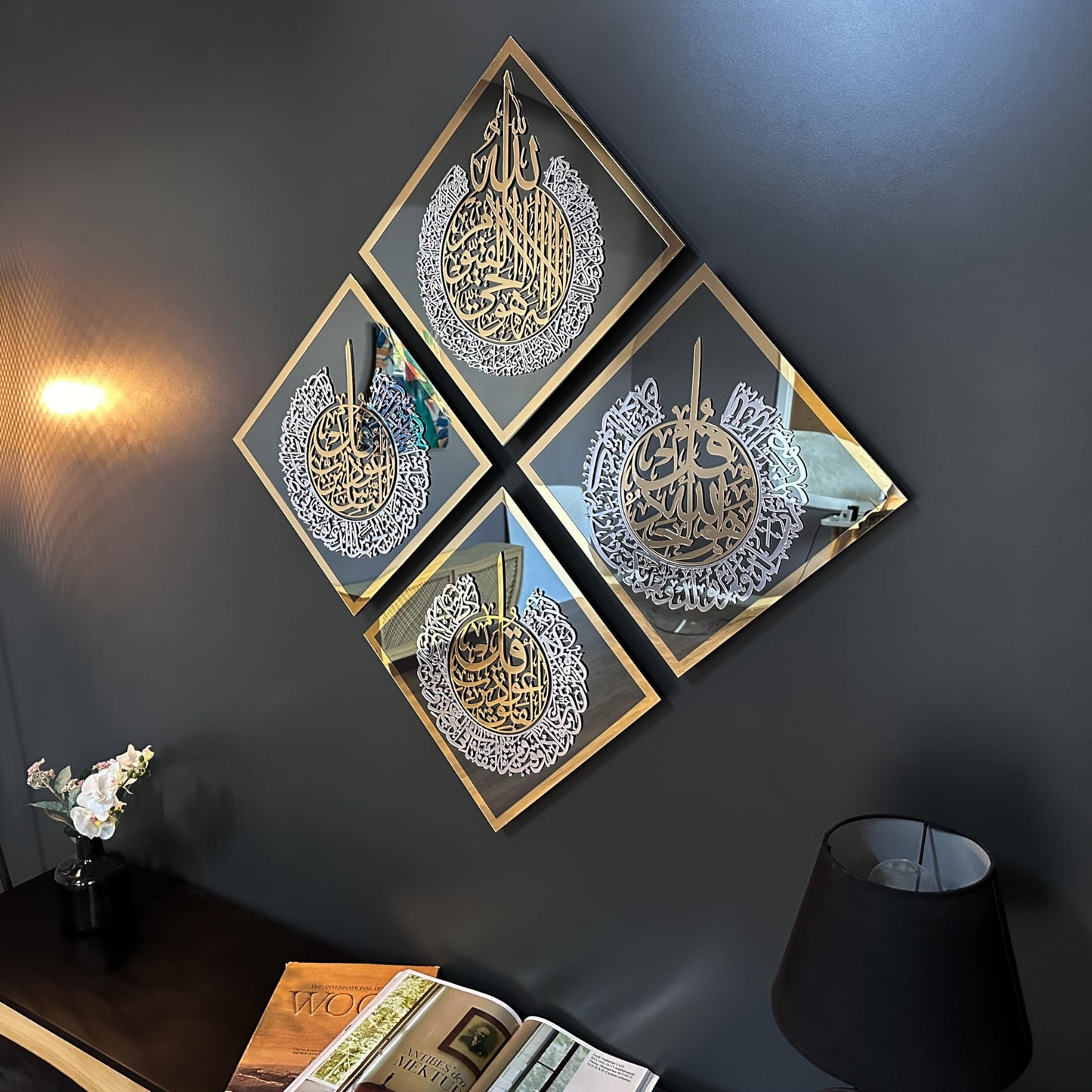 iwa concept Ayatul Kursi, Surah Al Ikhlas, Al Falaq and Al Nas Tempered Glass Set Islamic Wall Art, Quran Verse Arabic Calligraphy Decor, Islamic Gift for Muslims at Ramadan (Black Glass)