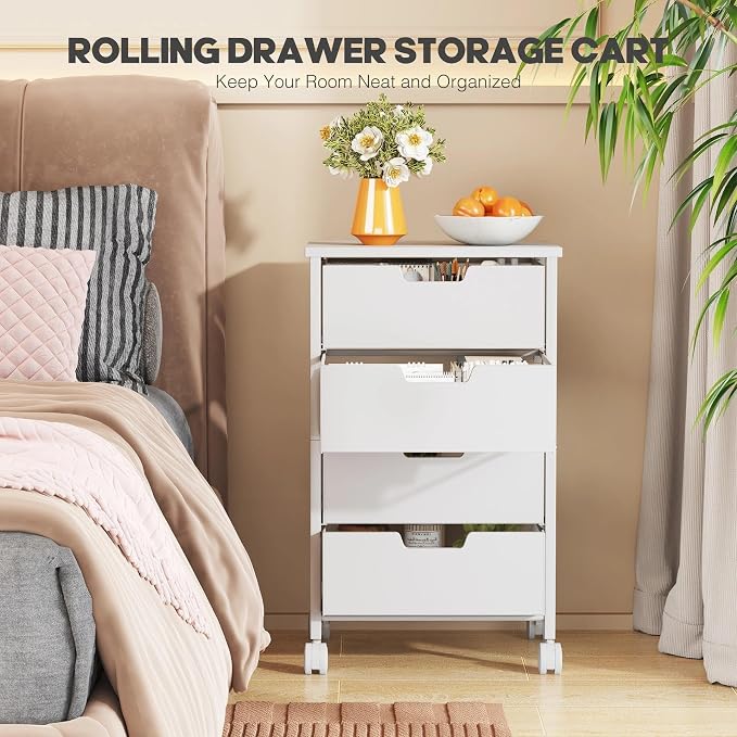 Rolling Cart with Drawers, Wooden Top and Front, with Wheels Metal Under Desk Storage Cart with 4 Drawers, for Office, Bedroom, Classroom, Home, White