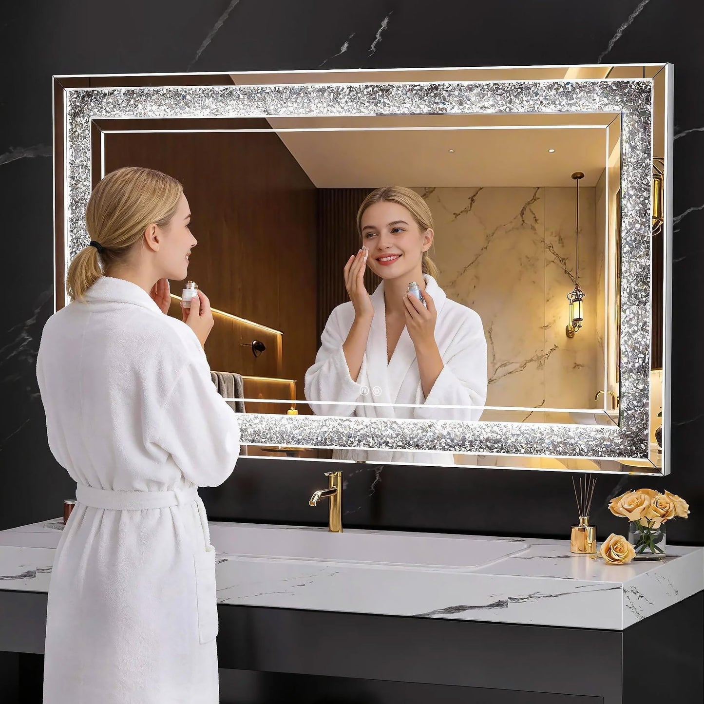 WINNICE 47" x 26" LED Diamond Wall Mirror with Dimming & Anti-Fog, Large Crystal Decorative Mirror for Bathroom, Bedroom, Living Room, Vertical or Horizontal Wall Mount